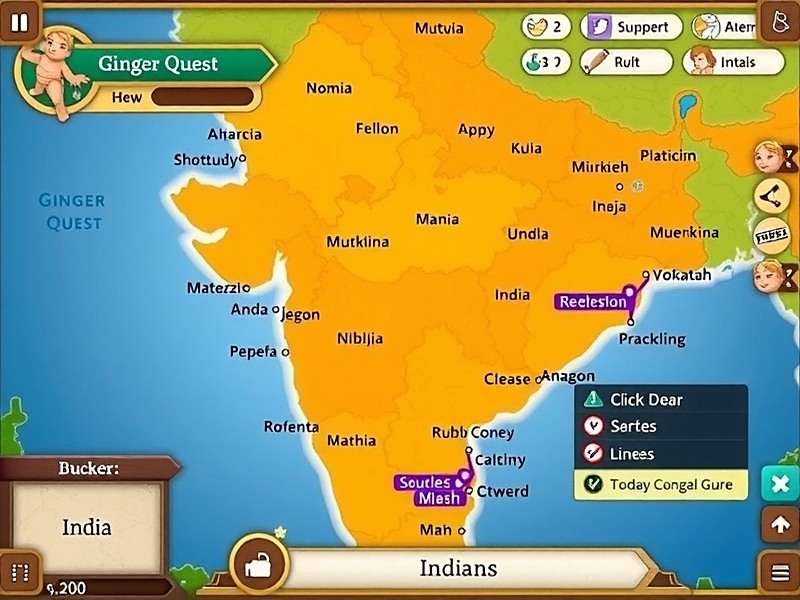 Ginger Quest map showing Indian regions featured in the game